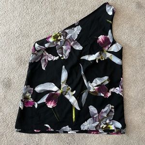 7th Ave New York & Co Black Floral One Shoulder Top